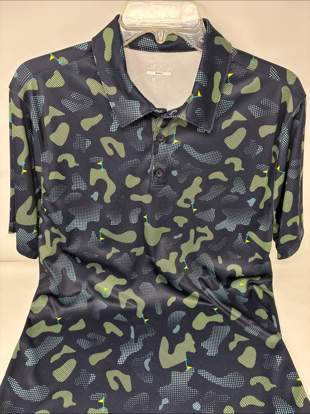 BCG Golf Blue Polo with Green & Light Blue Abstract Print M
